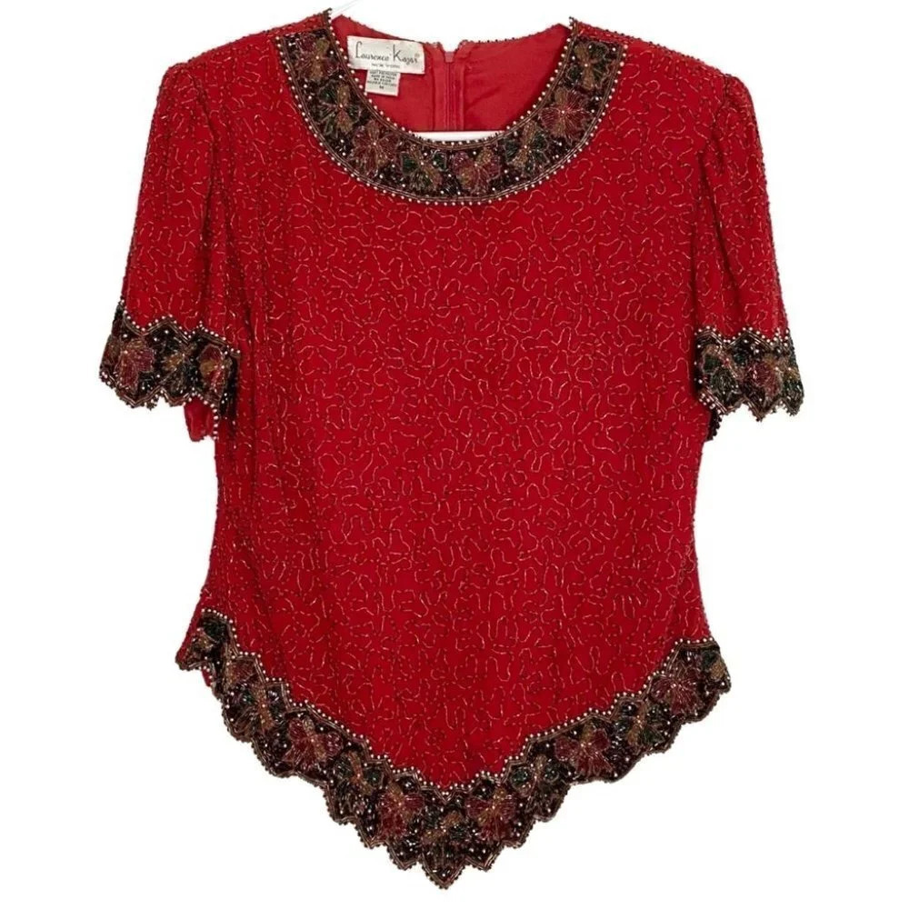 Vintage 80s Beaded Dressy Top Womens Medium Small Red Blouse Shirt Elegant